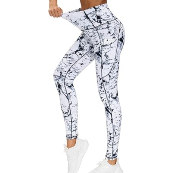 Thick High Waist Yoga Pants with Pockets Tummy Control Leggings Marble - Picture 7 of 7